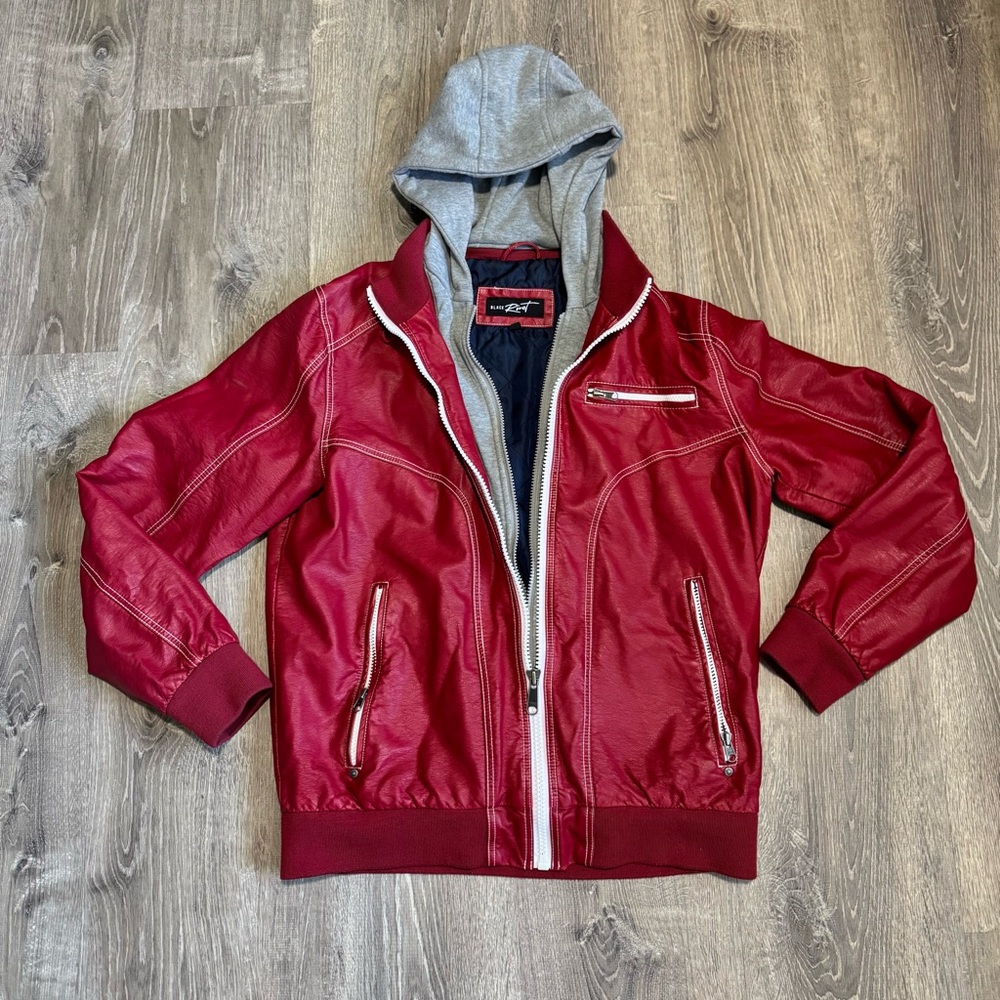 Black Rivet Men’s Red Faux Leather RARE Moto Jacket w/ Hoodie | Medium